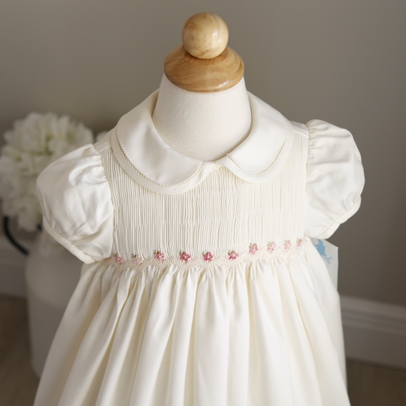 Ivory Smocked Dress 2T Boutique Hand Pink Embroidery Traditional Classic NWT - Picture 2 of 5